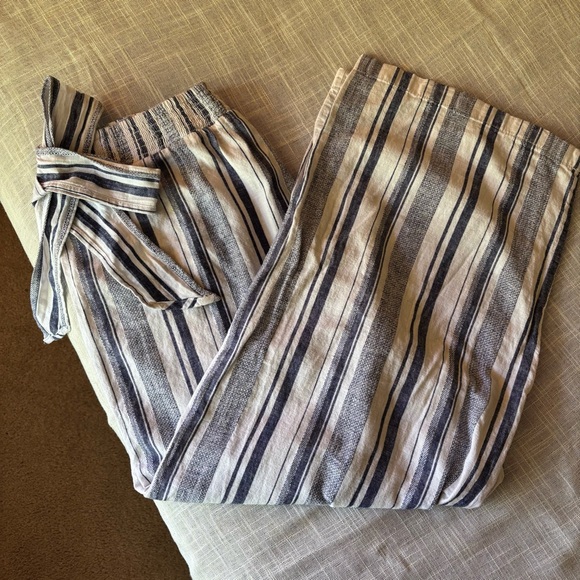 beachlunchlounge Pants - Women’s Blue & White Striped Wide Leg Lounge Pant, Cotton Linen Blend, Size XL
